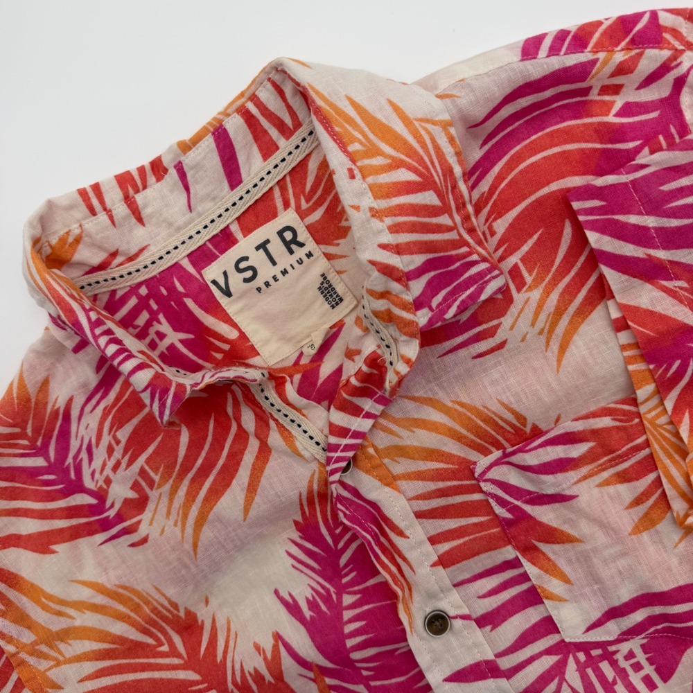 VSTR Premium Mens Small Linen Blend Tropical Palm Print Button Down Shirt Pink